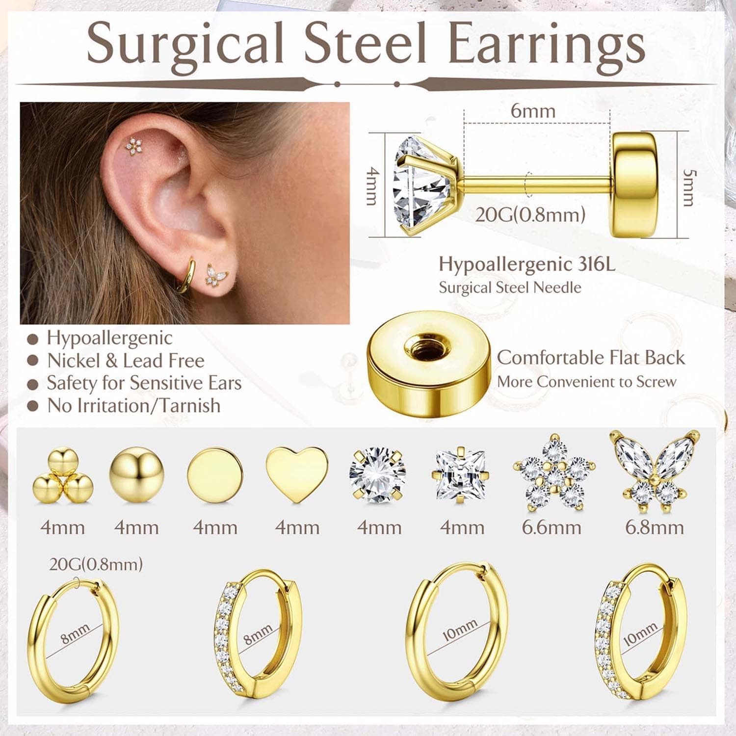 Jstyle 14K Gold Plated Flat Back Earring Stack Set for Multiple Piercings thumbnail 5