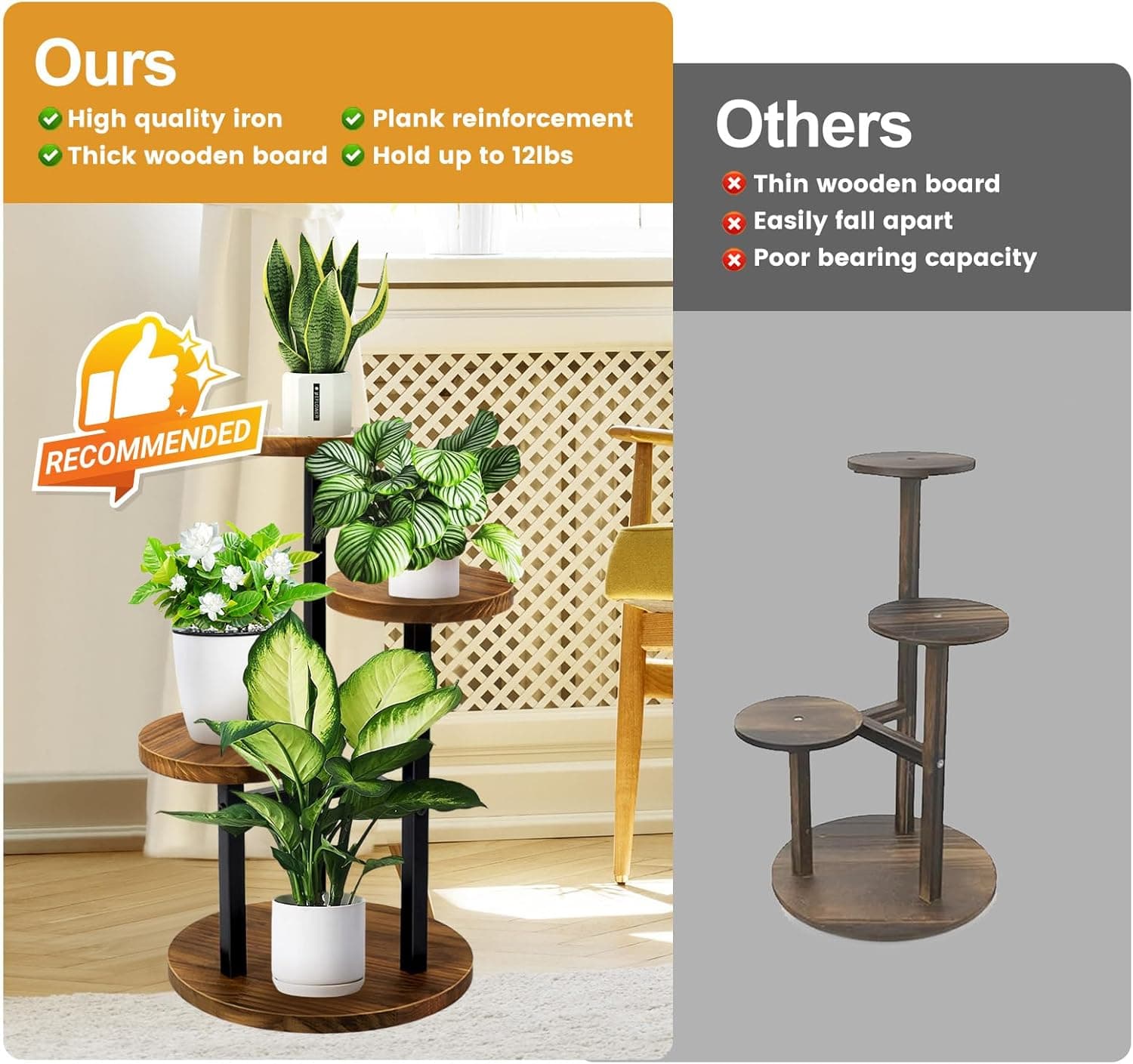 GEEBOBO 3-Tier Metal Wood Plant Stand — Corner Flower Shelf for Living Room thumbnail 4