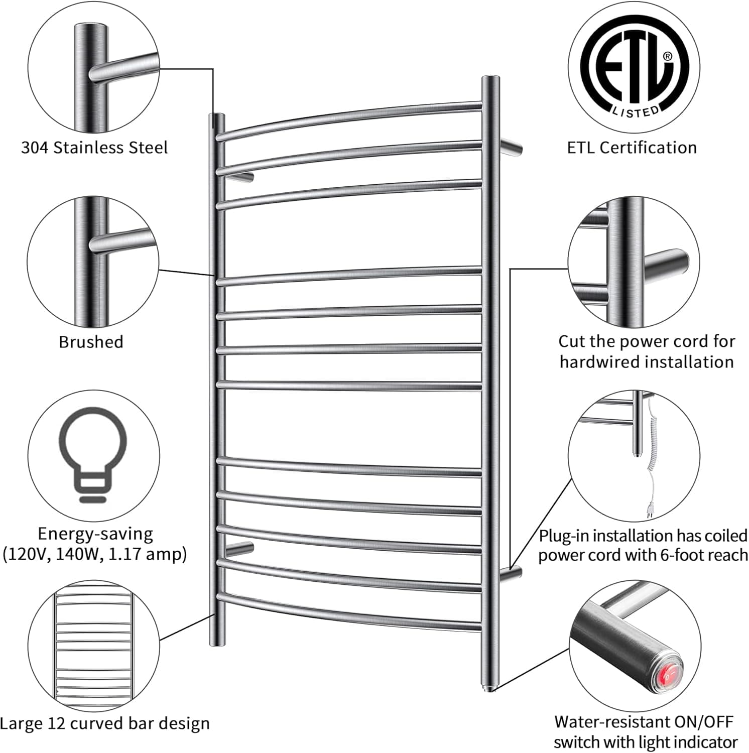 HEATGENE Plug-in/Hardwired Heated Towel Rack thumbnail 2