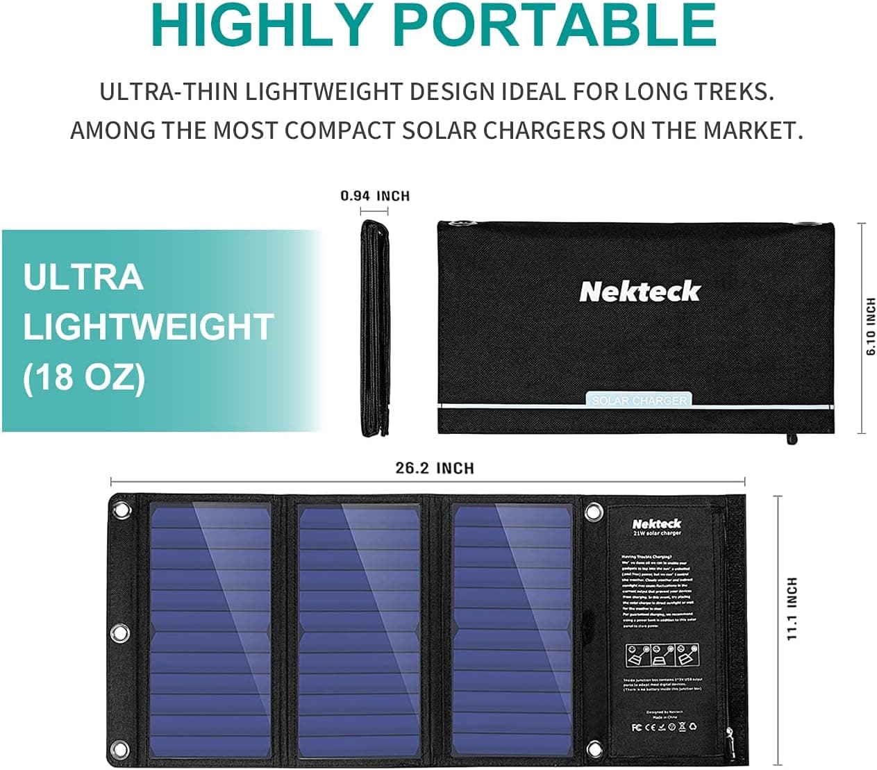 Nekteck 21W Solar Charger with 2 USB Ports thumbnail 3