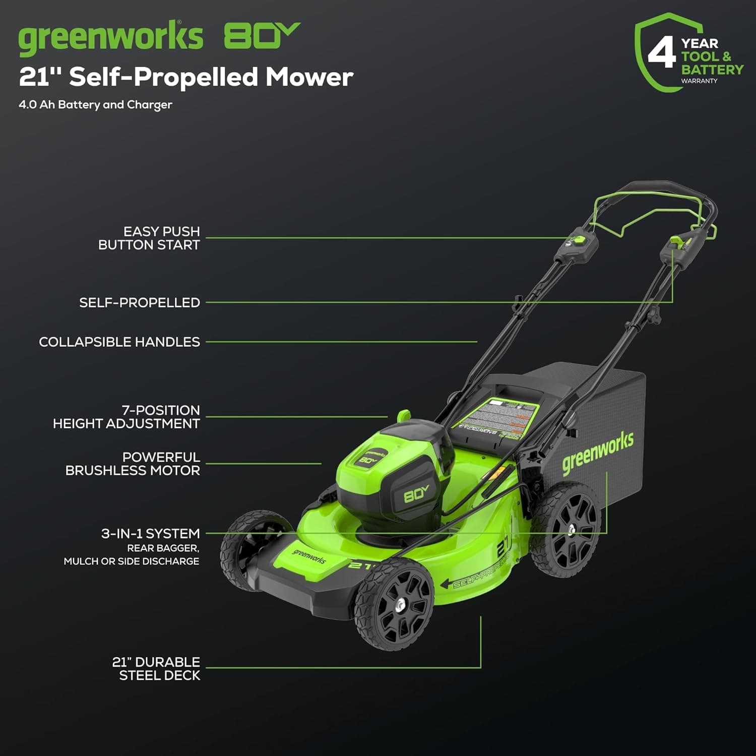 Greenworks 80V 21-Inch Brushless Self-Propelled Mower thumbnail 2