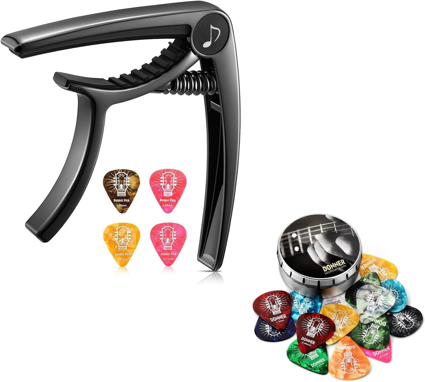 Donner DC-2 Guitar Capo with Celluloid Pick Set (16 Picks)