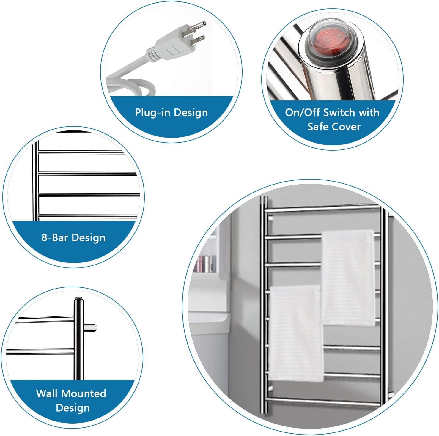 Homeleader 8-Bar Stainless Steel Heated Towel Rack thumbnail 4