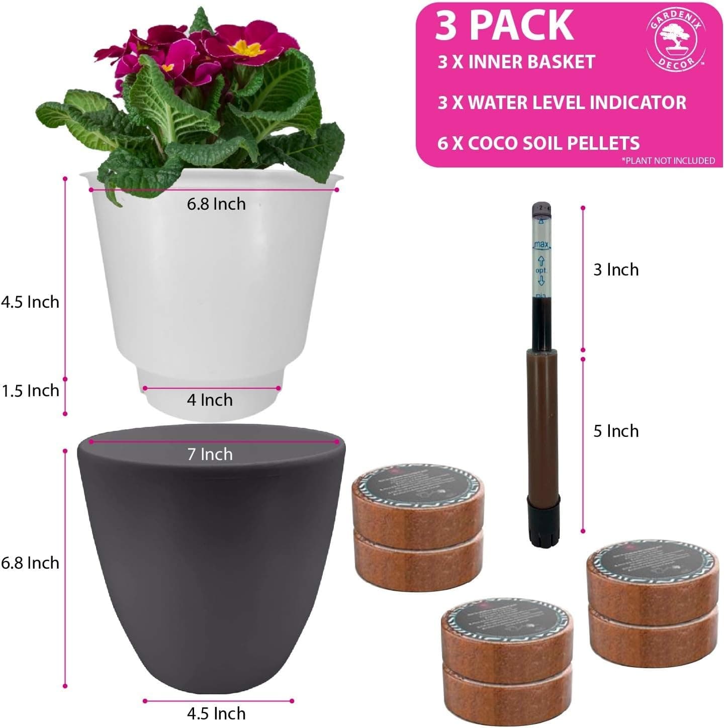 GARDENIX DECOR 7 Inch Self-Watering Planter 3 Pack thumbnail 5