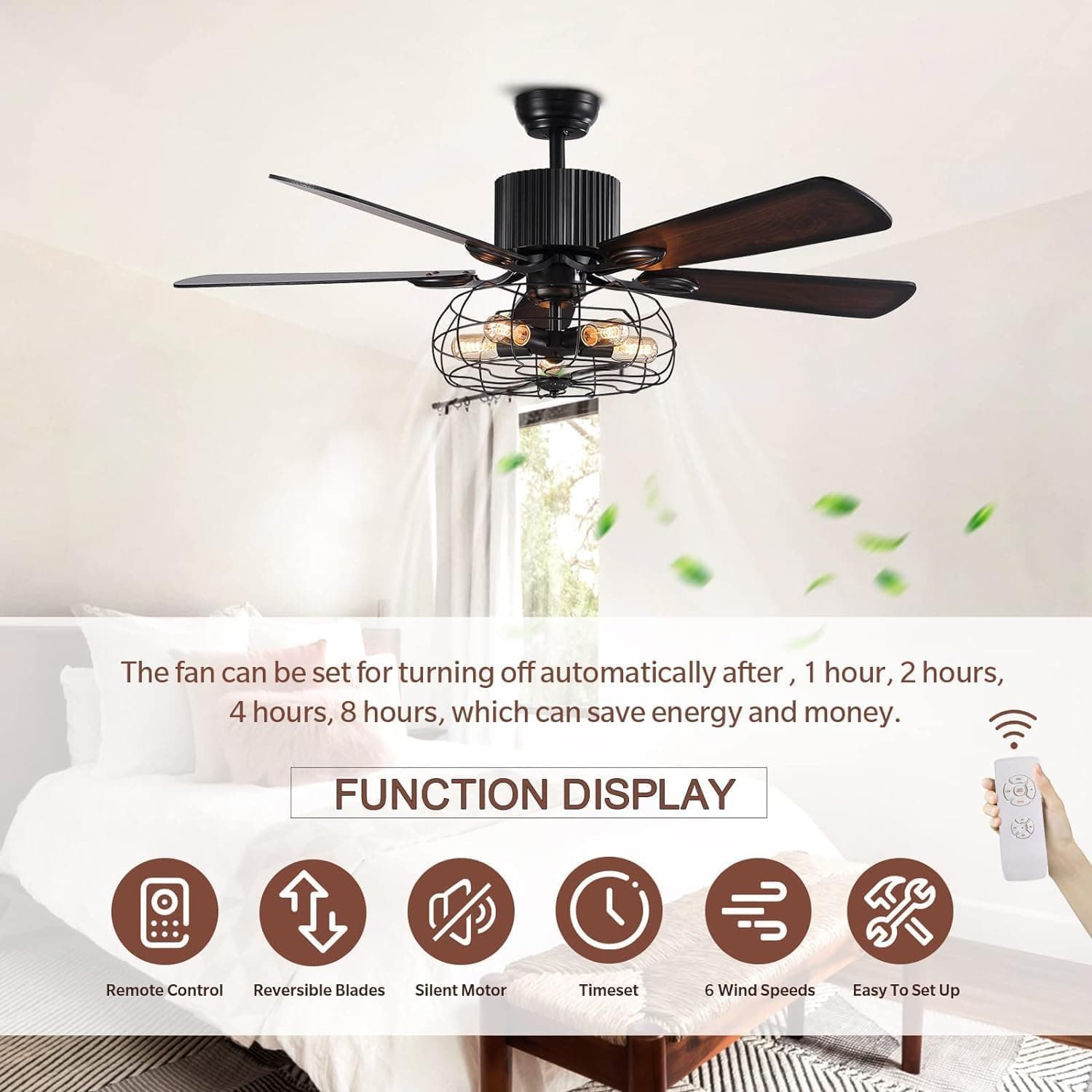 APBEAMLighting 52" Industrial Caged Ceiling Fan with Wood Blades thumbnail 2
