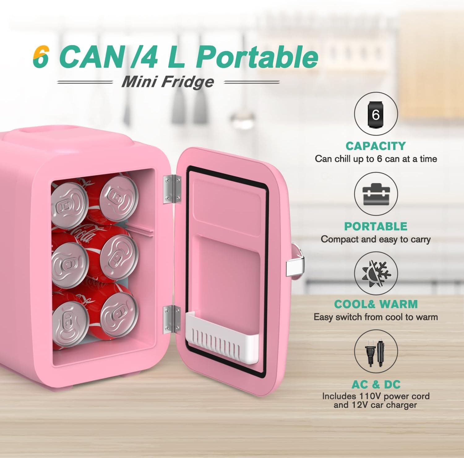 CROWNFUL Mini Fridge (4 Liter, Pink) thumbnail 2