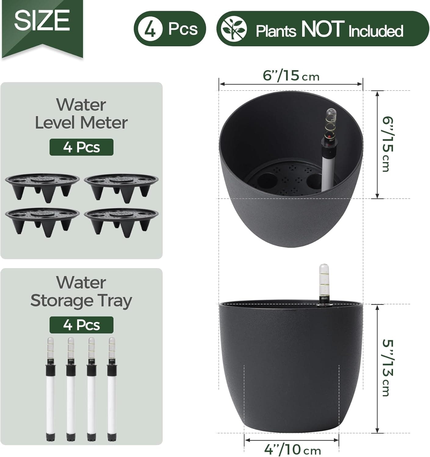 T4U 6 Inch Self-Watering Planter with Water Level Indicator 4 Pack thumbnail 3