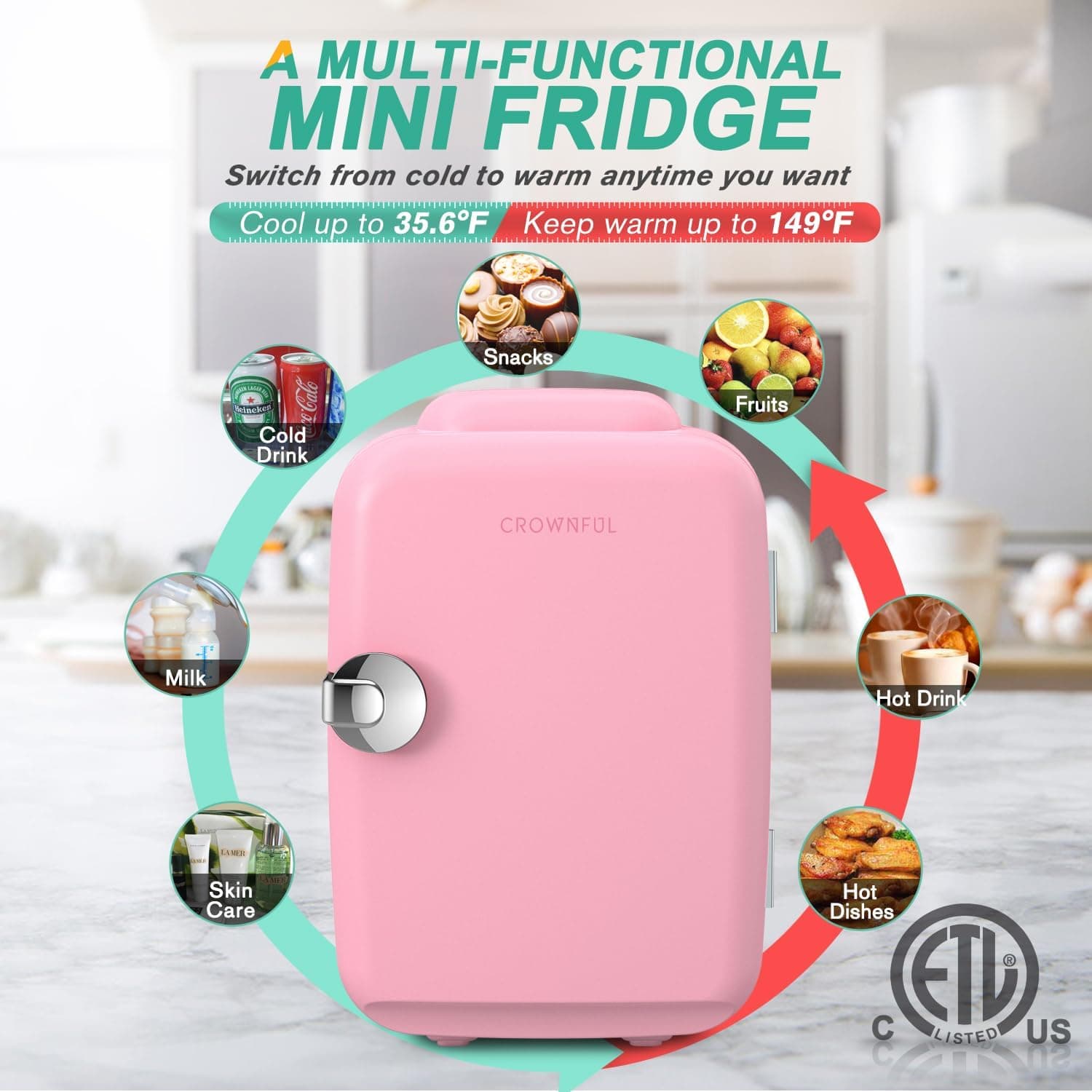 CROWNFUL Mini Fridge (4 Liter, Pink) thumbnail 3