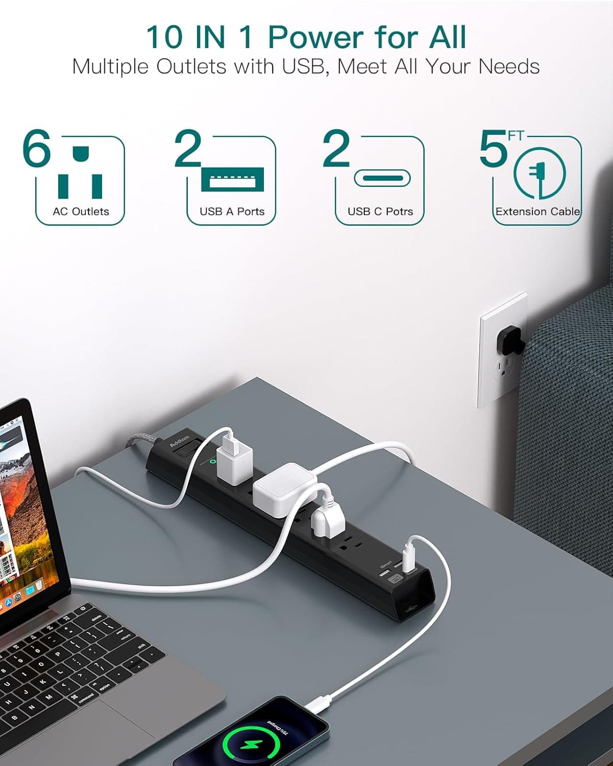 Addtam Surge Protector Power Strip with USB-C thumbnail 3