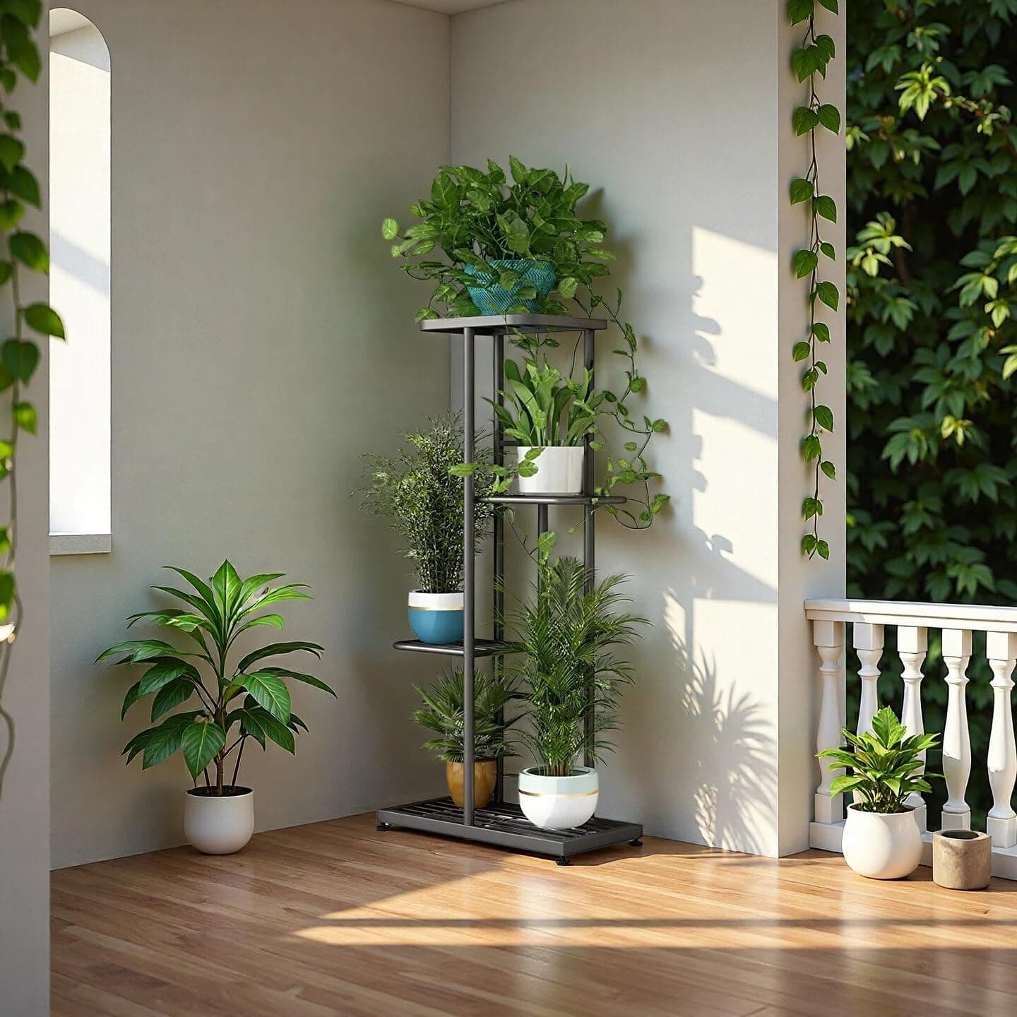 LINZINAR 4-Tier Corner Metal Plant Stand — 5 Potted Display Rack thumbnail 4
