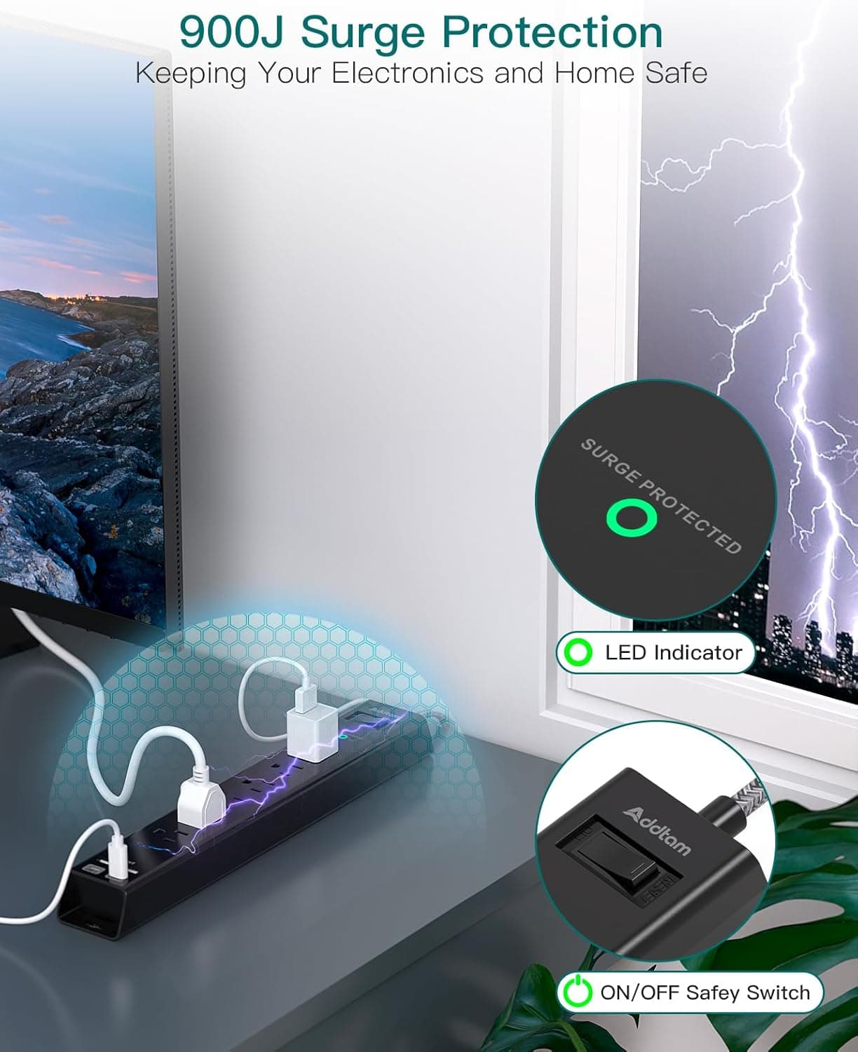 Addtam Surge Protector Power Strip with USB-C thumbnail 5