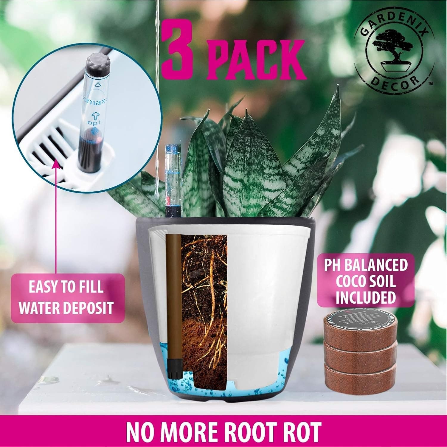 GARDENIX DECOR 7 Inch Self-Watering Planter 3 Pack thumbnail 4