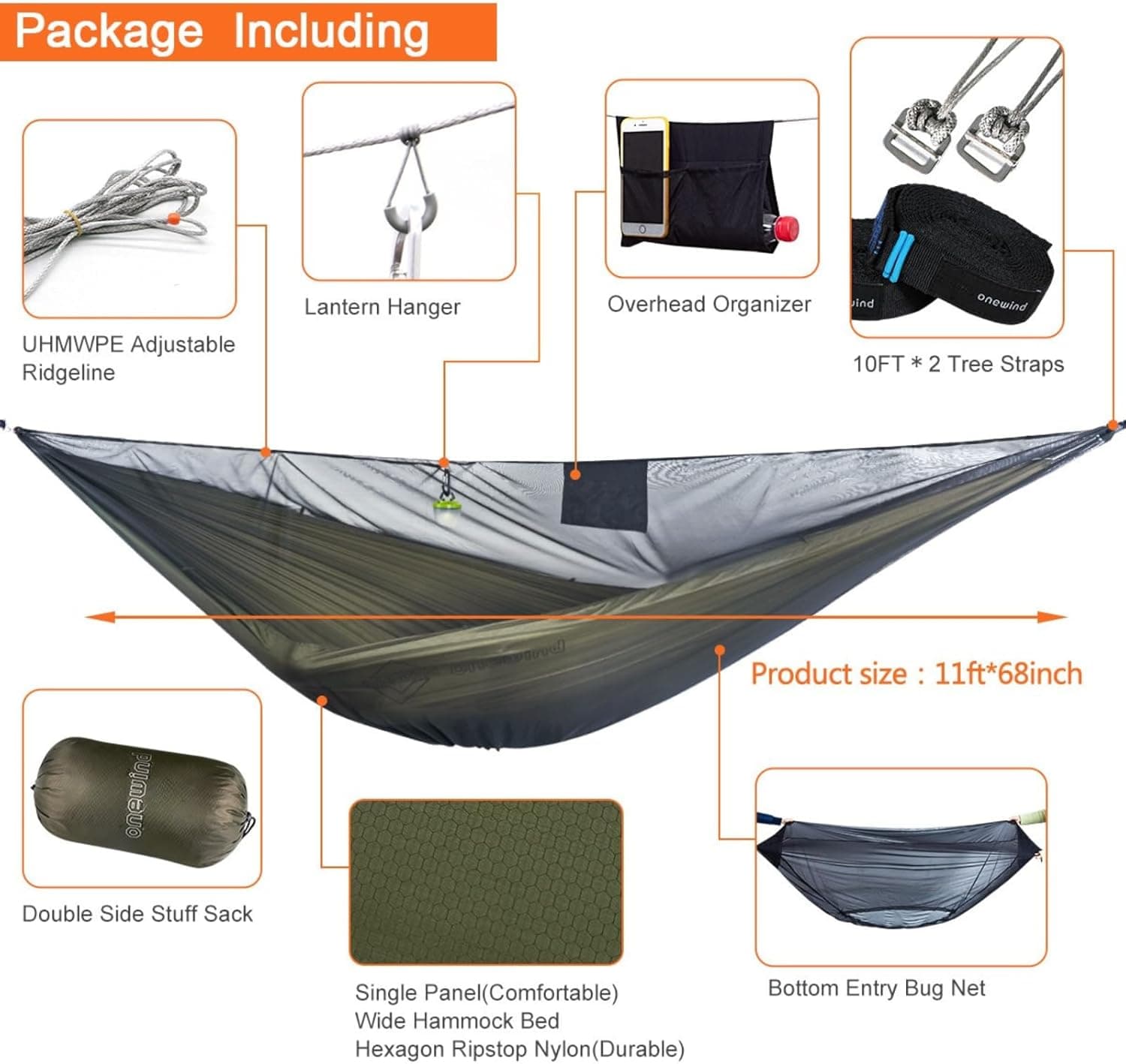 Onewind 11ft Camping Hammock with Bug Net thumbnail 2