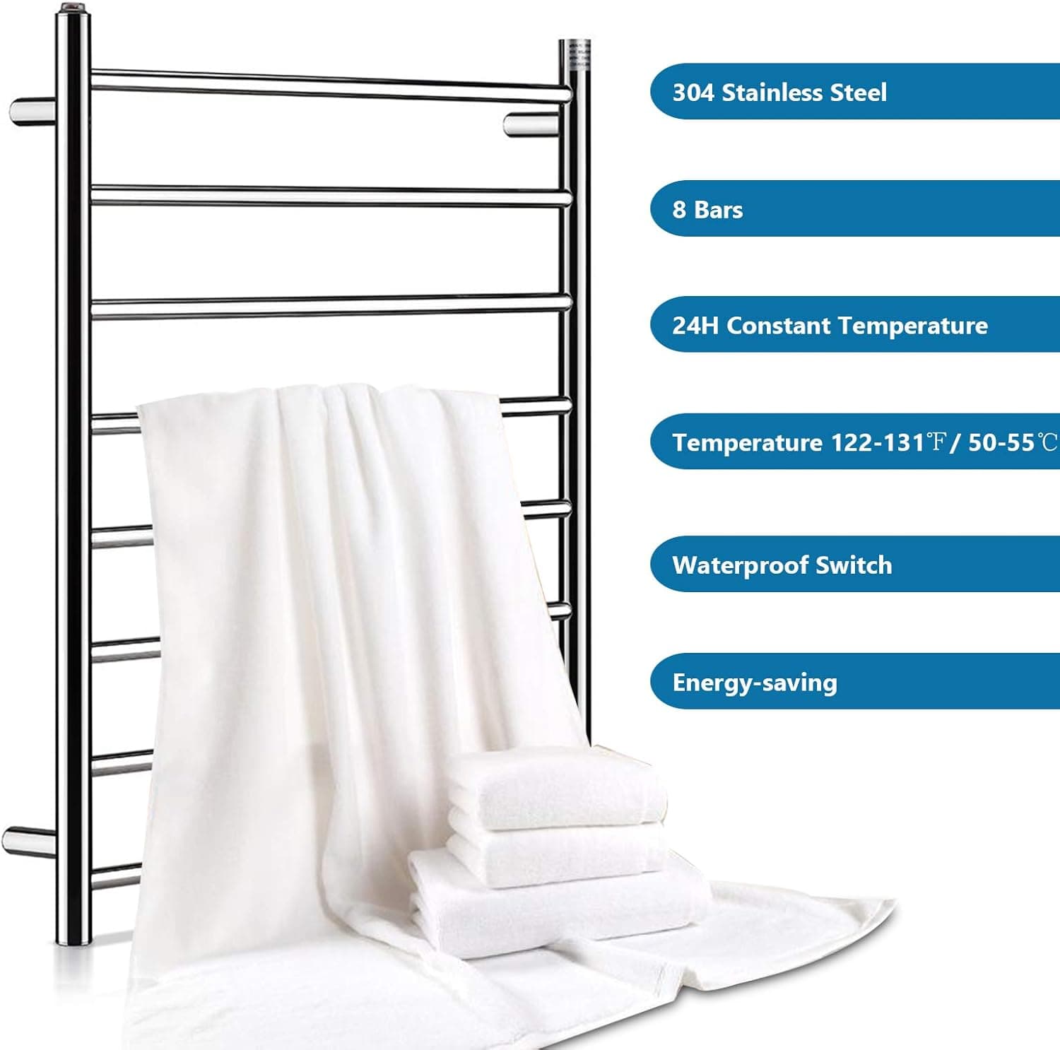 Homeleader 8-Bar Stainless Steel Heated Towel Rack thumbnail 3