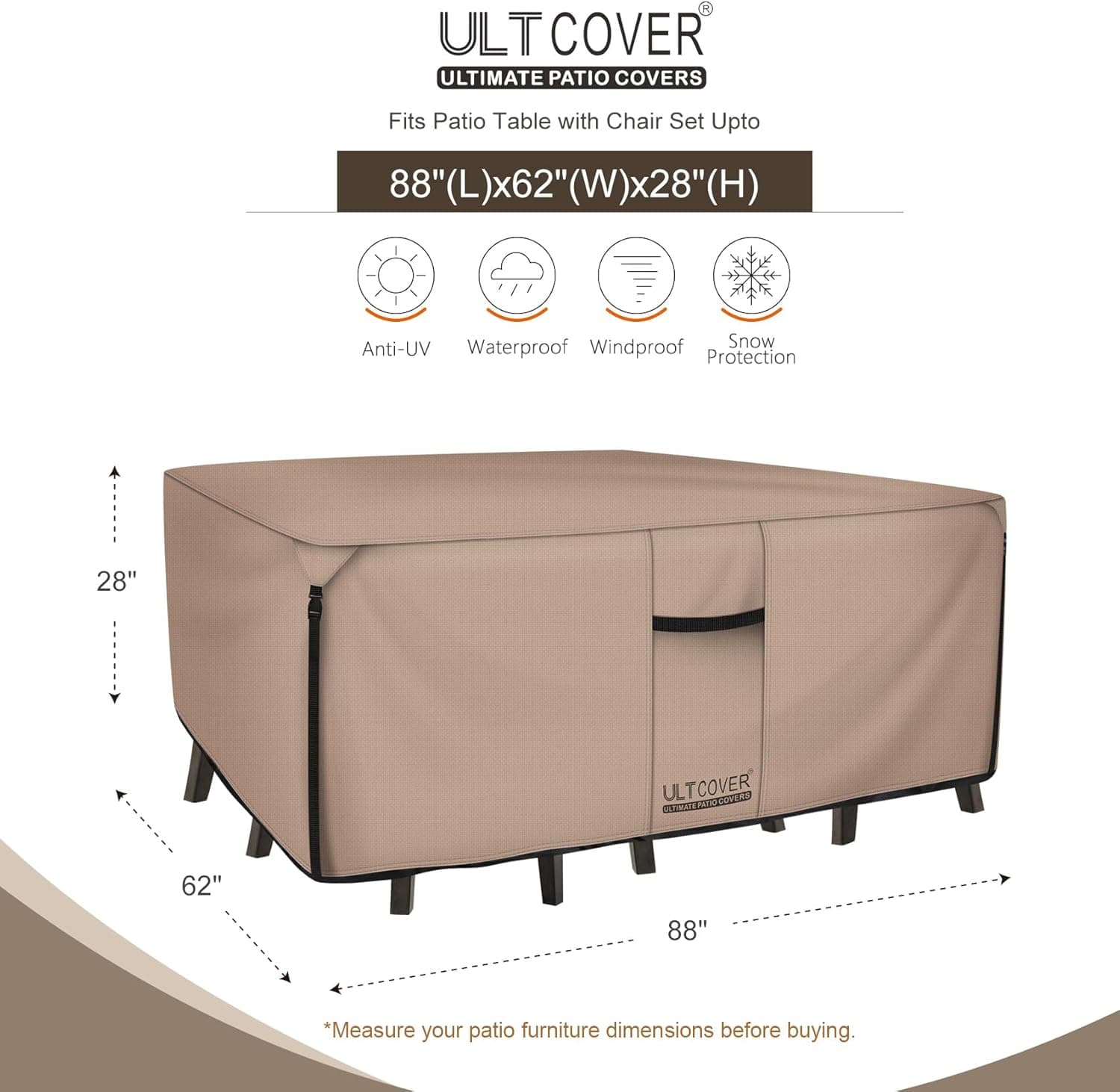ULTCOVER Rectangular Patio Heavy Duty Table Cover, 600D Tough Canvas Waterproof thumbnail 2