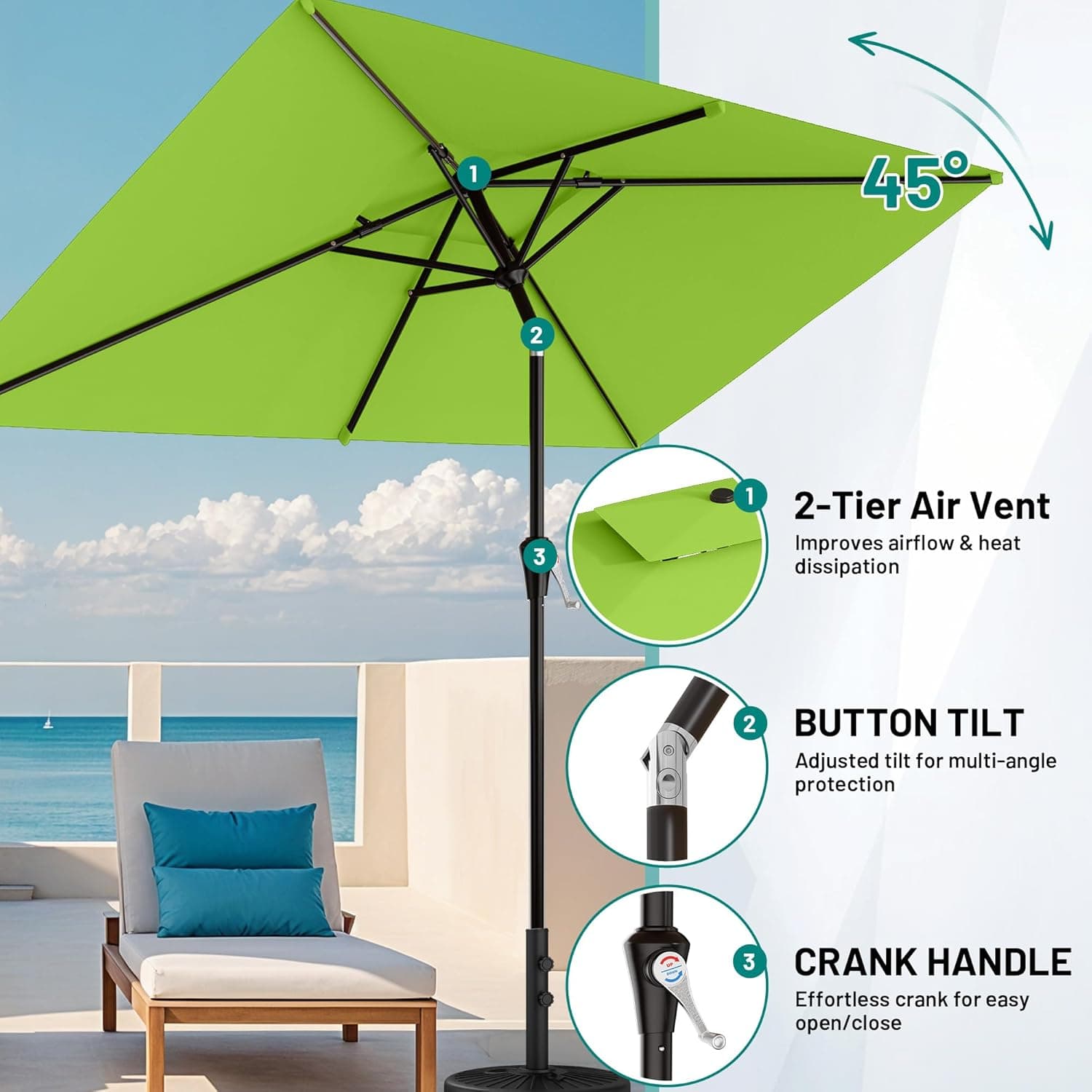 AreShark 9 FT Patio Umbrella with Push Button Tilt and Crank, 8 Sturdy Ribs thumbnail 5
