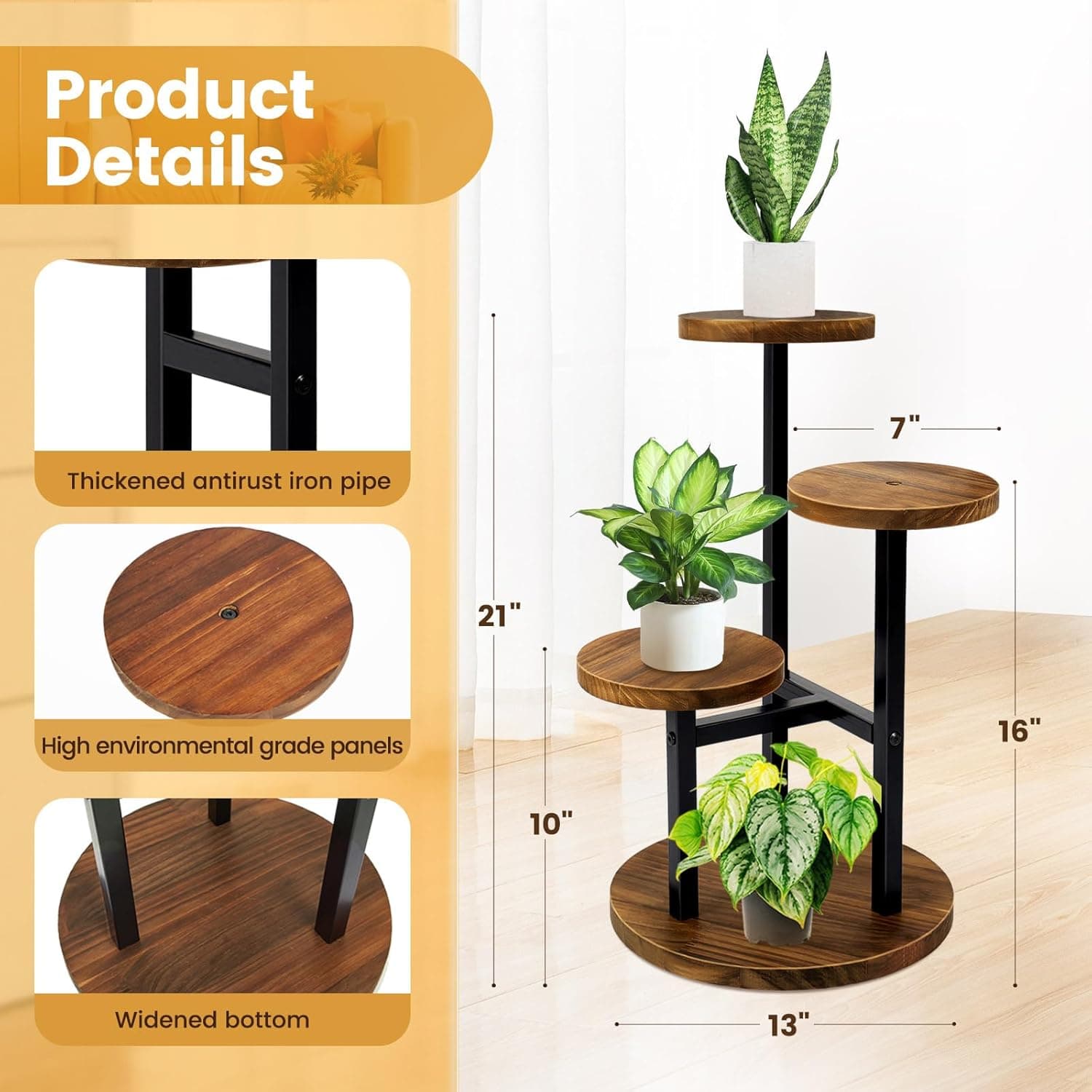 GEEBOBO 3-Tier Metal Wood Plant Stand — Corner Flower Shelf for Living Room thumbnail 3