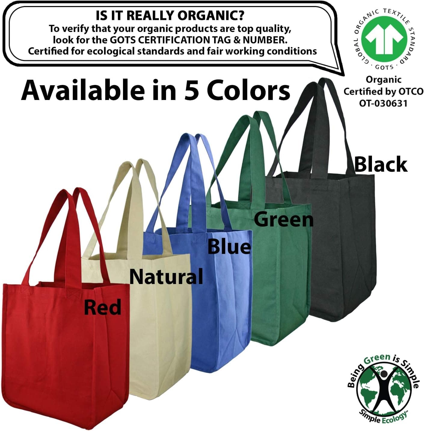 Simple Ecology Organic Cotton Deluxe Reusable Grocery Bag 3-Pack with Bottle Sleeves thumbnail 3