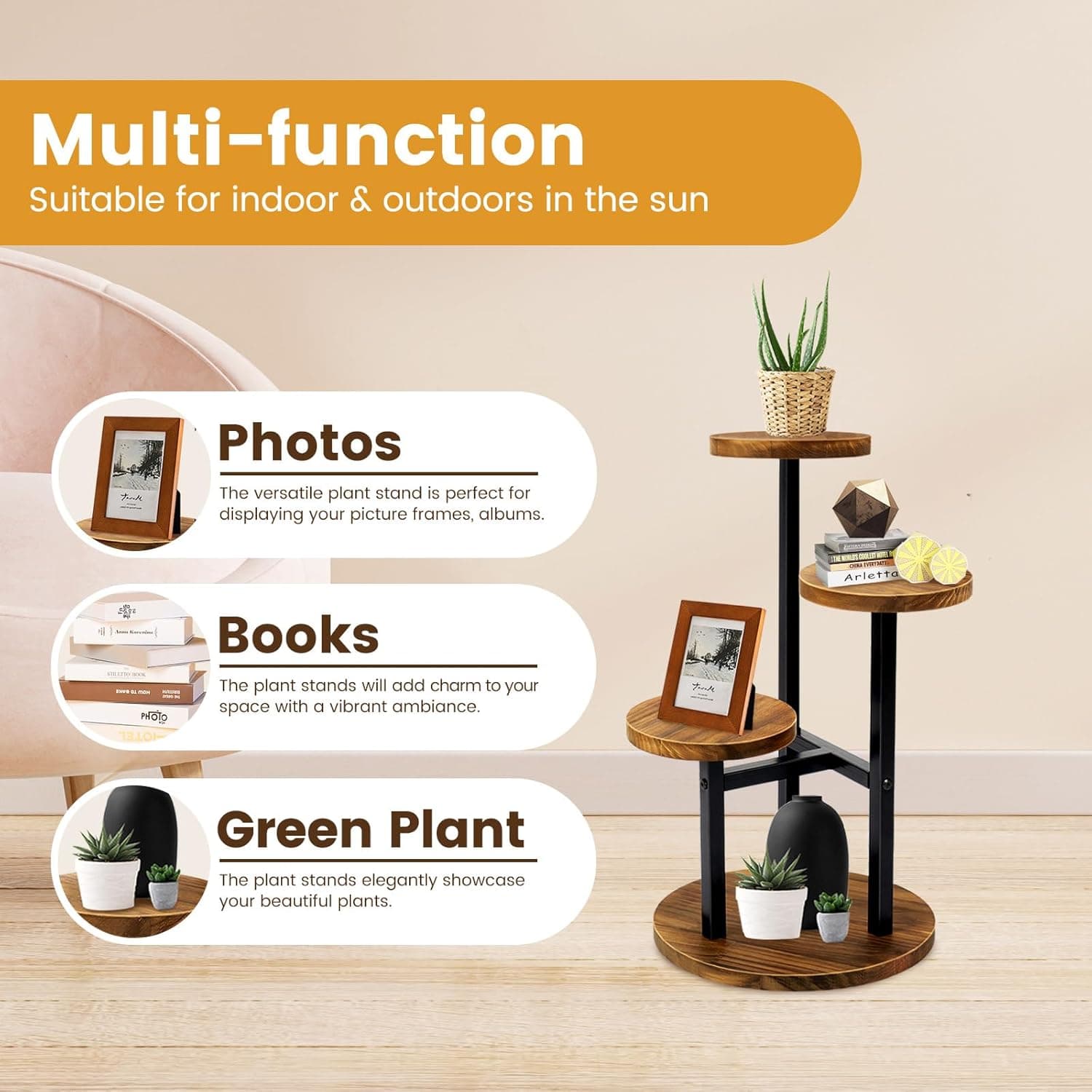 GEEBOBO 3-Tier Metal Wood Plant Stand — Corner Flower Shelf for Living Room thumbnail 5