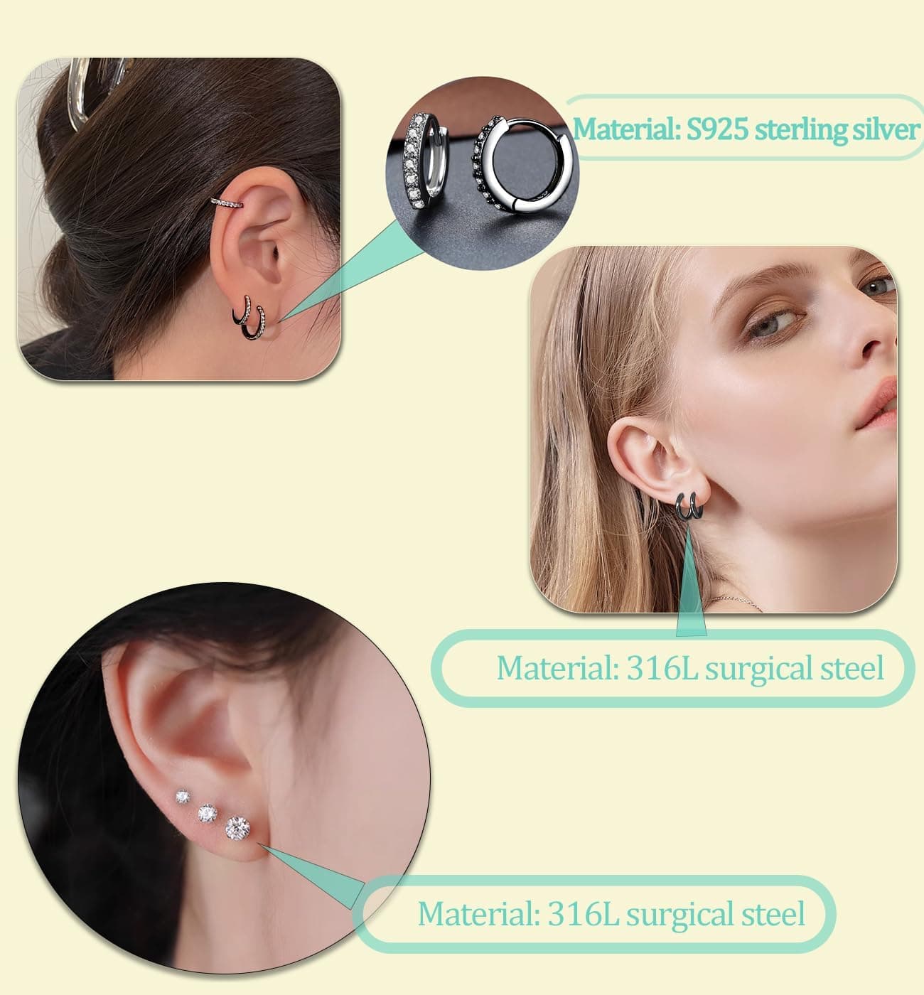 Hypoallergenic Flat Back Earring Sets for Multiple Piercing with Sterling Silver Hoops thumbnail 3