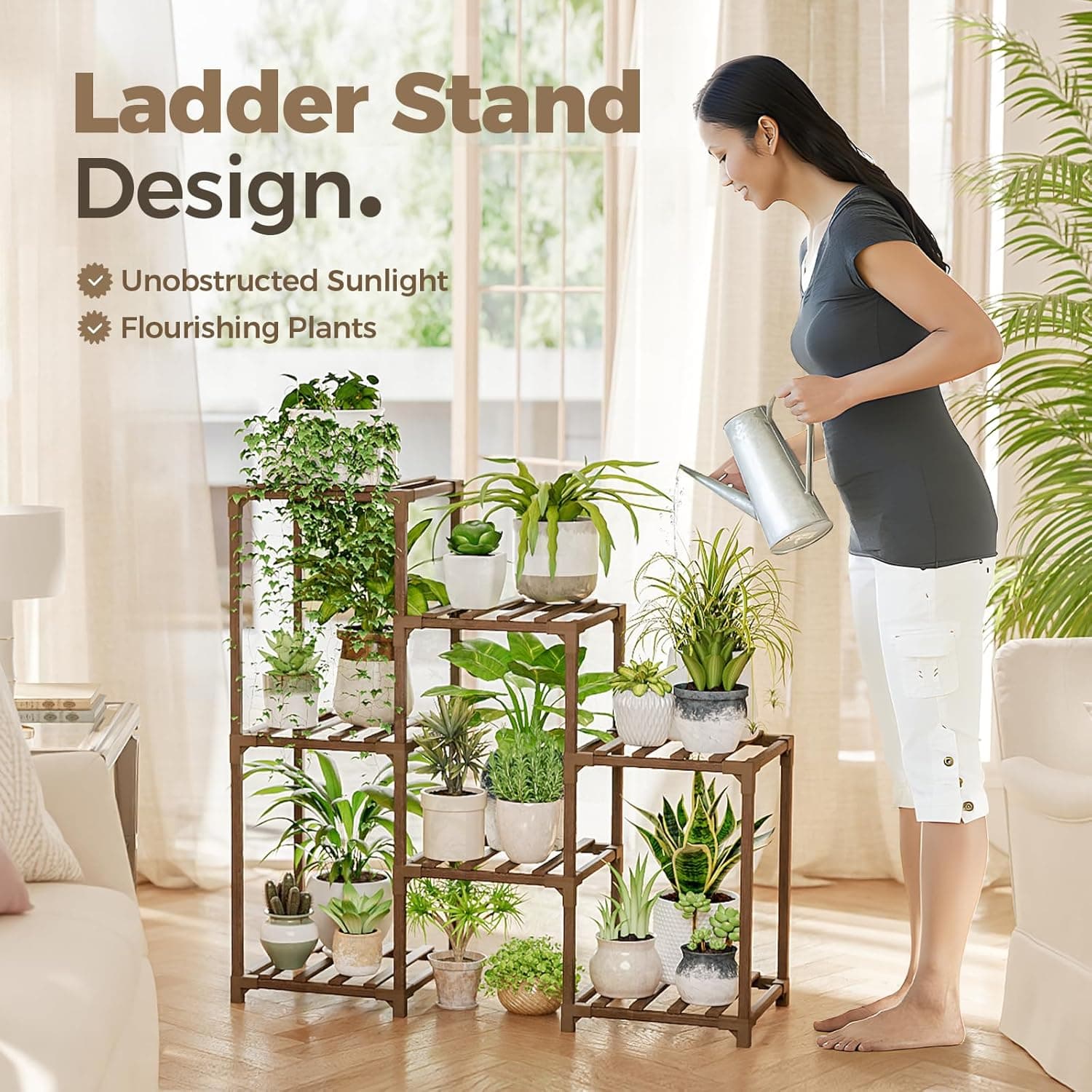 Bamworld 3-Tier Ladder Plant Stand Indoor Outdoor Wood Plant Rack thumbnail 5