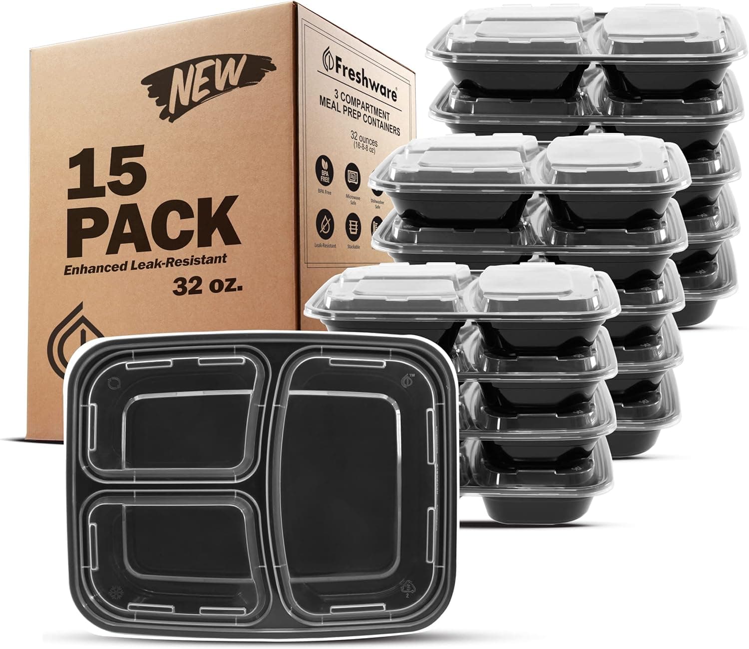 Freshware 15-Pack 3-Compartment Containers