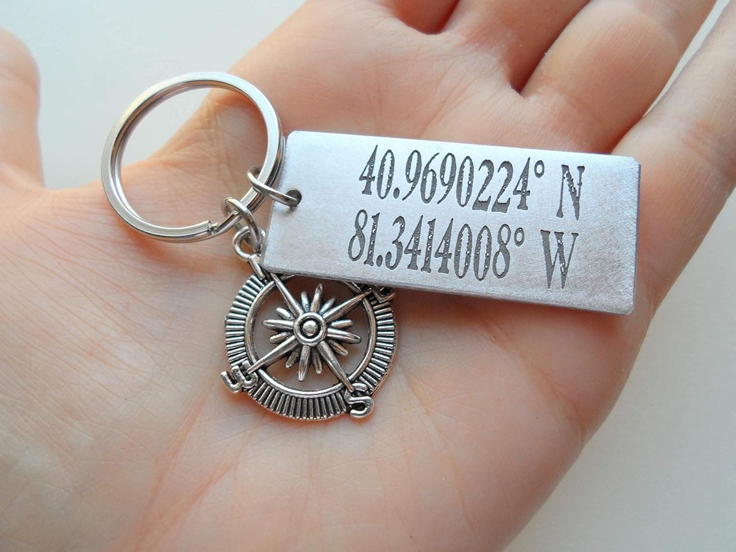 Custom Engraved Coordinates Keychain with Compass Charm thumbnail 3