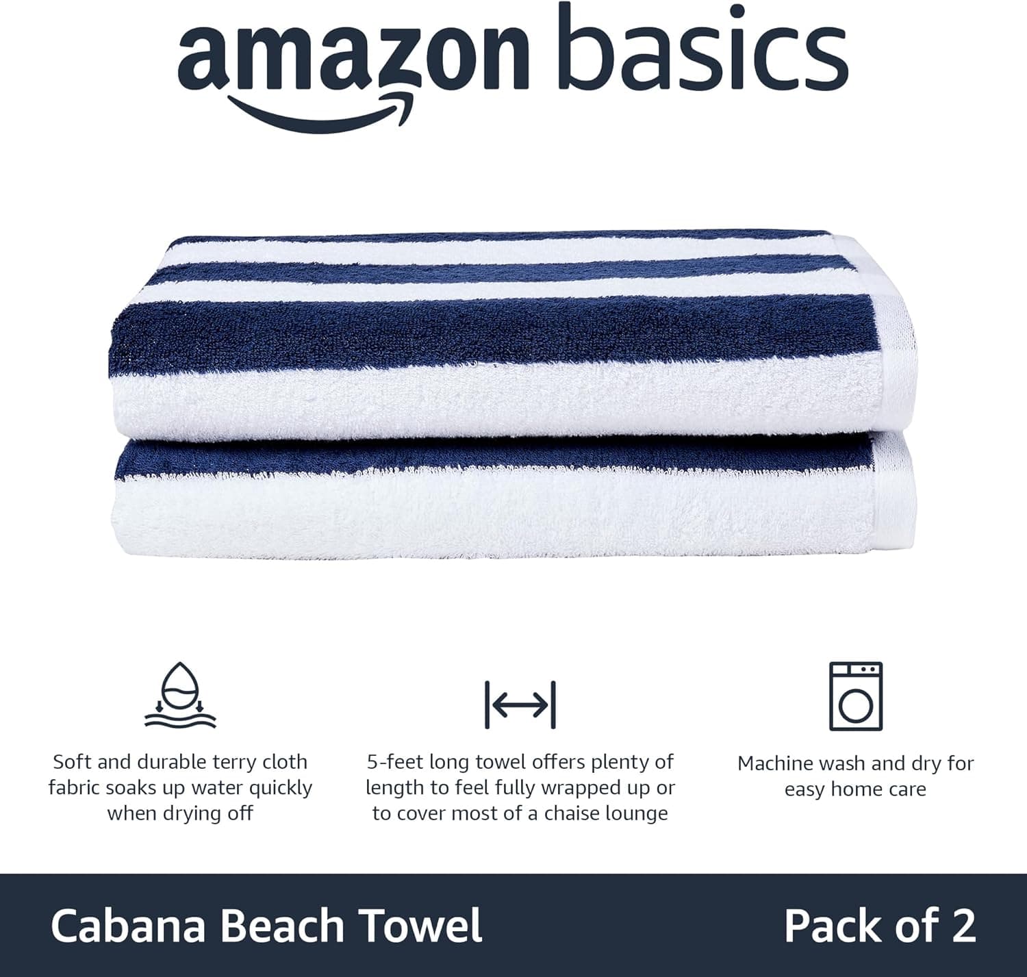 Amazon Basics Cabana Stripe Beach Towel (2-Pack, Navy Blue) thumbnail 2