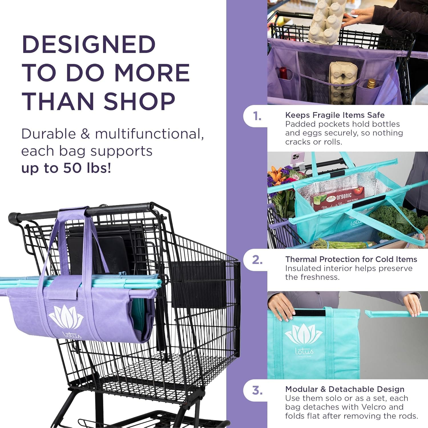 Lotus Trolley Bags Original Reusable Shopping Bags 4-Pack with Insulated Cooler Bag thumbnail 3