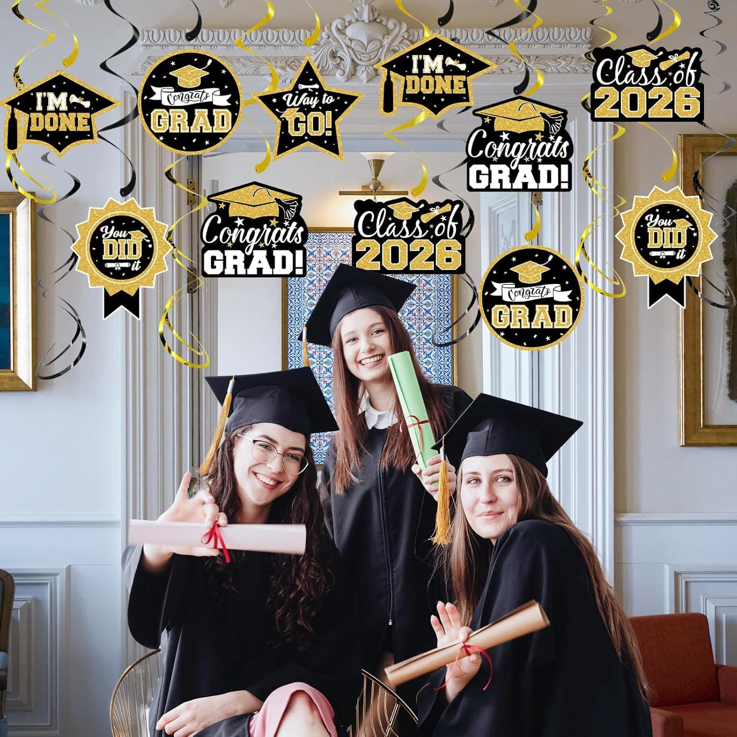 30Pcs Graduation Hanging Swirl Ceiling Decorations (Black & Gold) thumbnail 3