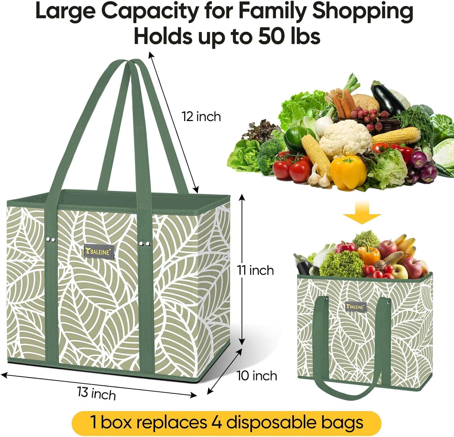 BALEINE 3-Pack Reusable Grocery Bags with Reinforced Bottom & Handles thumbnail 2