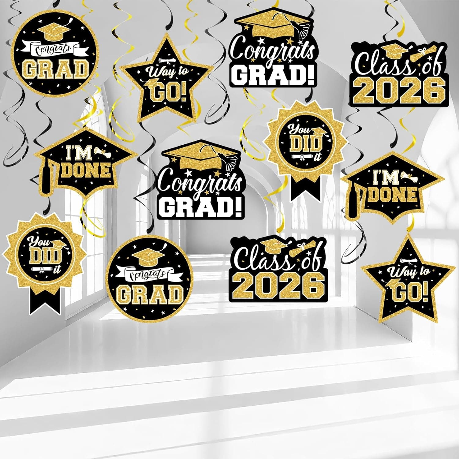 30Pcs Graduation Hanging Swirl Ceiling Decorations (Black & Gold) thumbnail 2