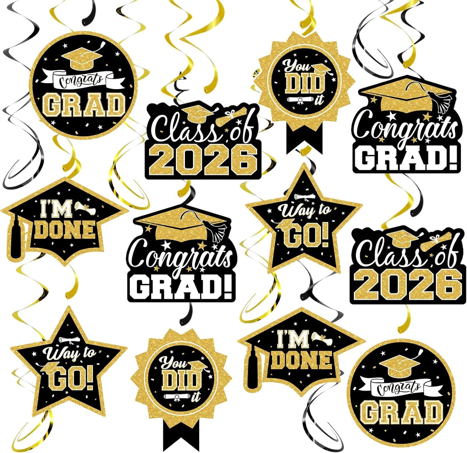 30Pcs Graduation Hanging Swirl Ceiling Decorations (Black & Gold) - image 1