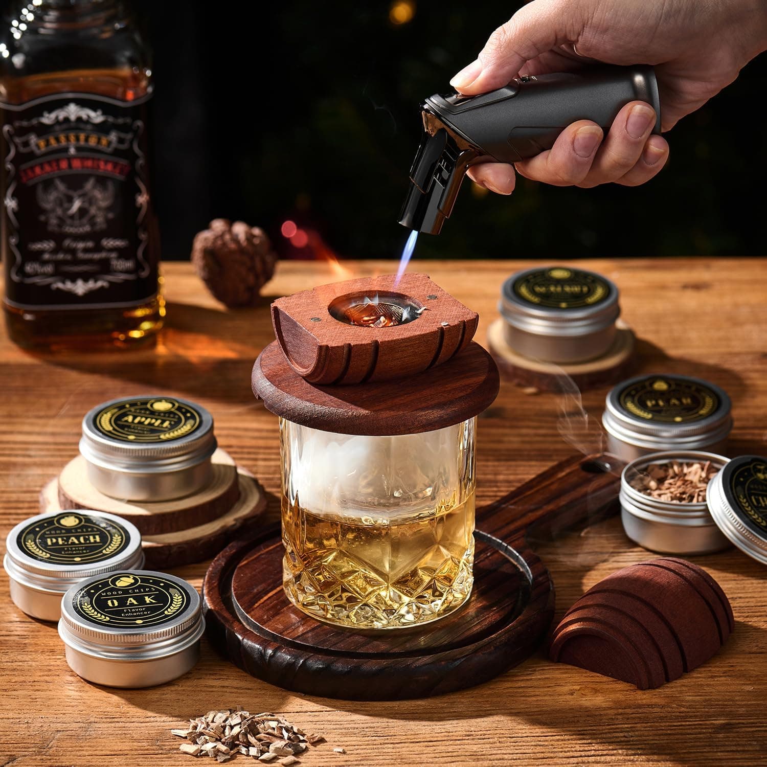 Whiskey Smoker Kit with Torch - 6 Flavors Wood Chips, 2 Glasses, 2 Ice Ball Molds thumbnail 2