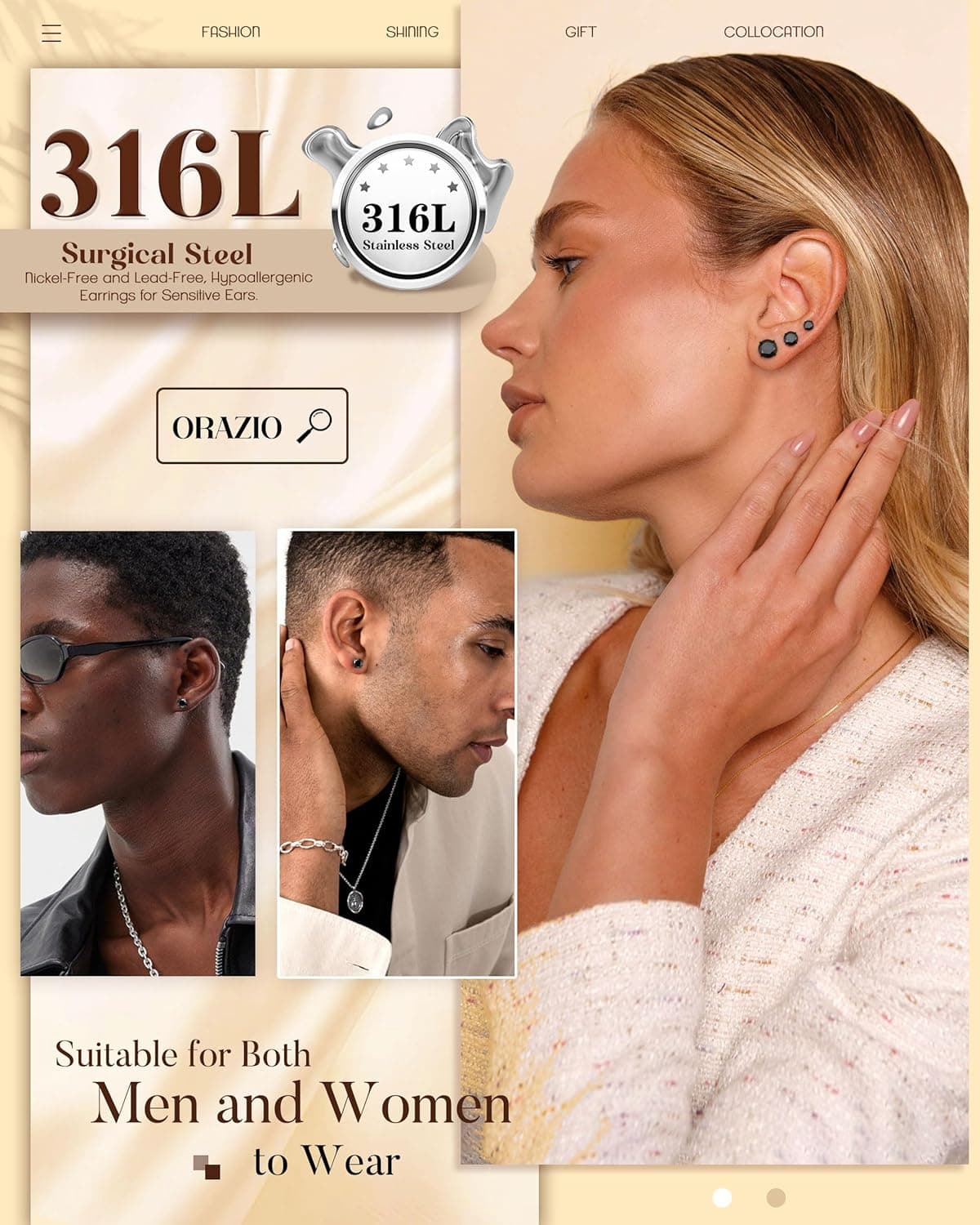 ORAZIO 6 Pairs Hypoallergenic Flat Back CZ Stud Earrings Set thumbnail 3