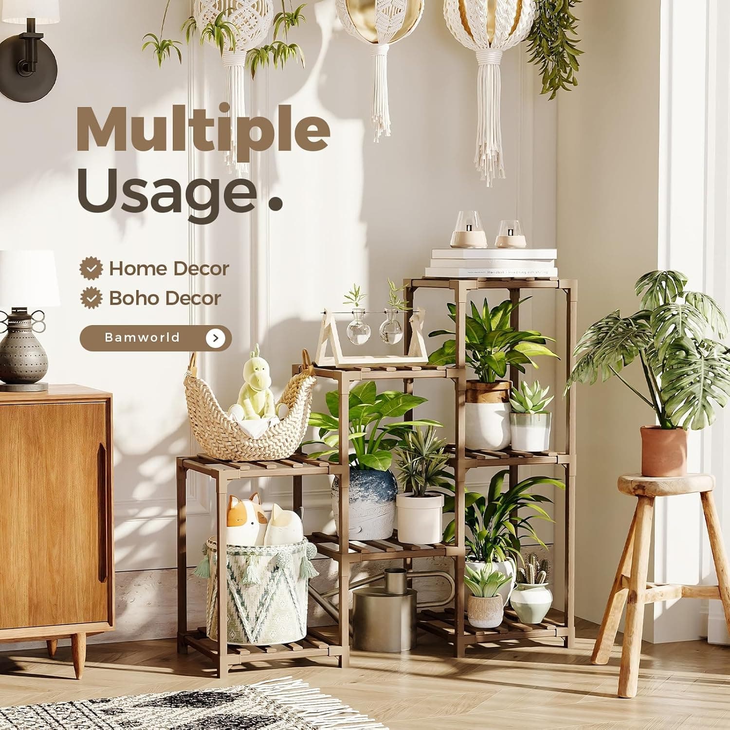 Bamworld 3-Tier Ladder Plant Stand Indoor Outdoor Wood Plant Rack thumbnail 2