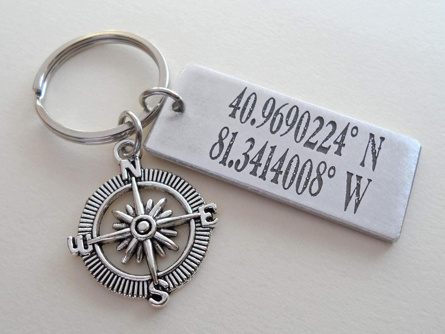 Custom Engraved Coordinates Keychain with Compass Charm thumbnail 2