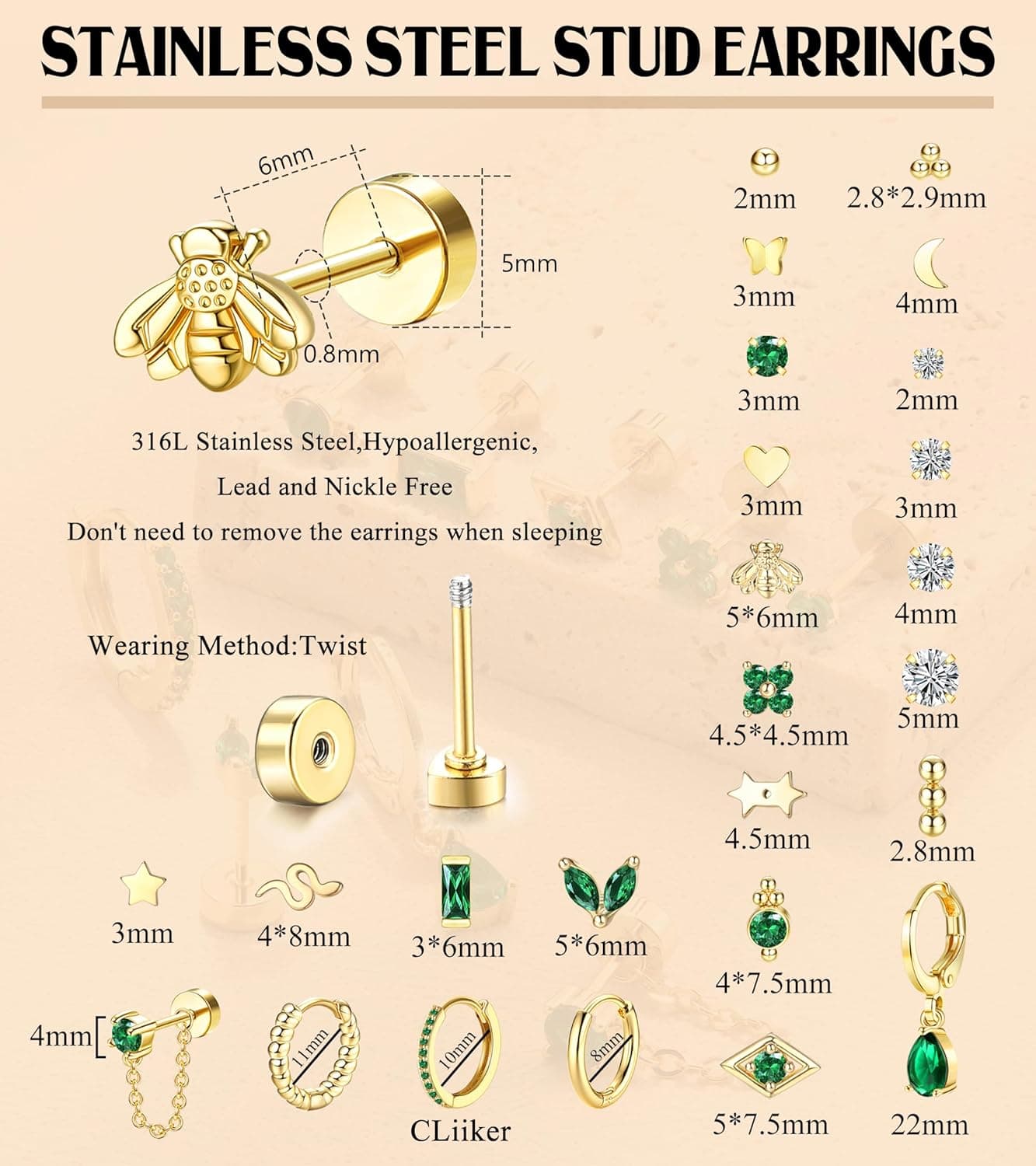 ADRAMATA Flat Back Earrings Set for Women Surgical Steel thumbnail 4