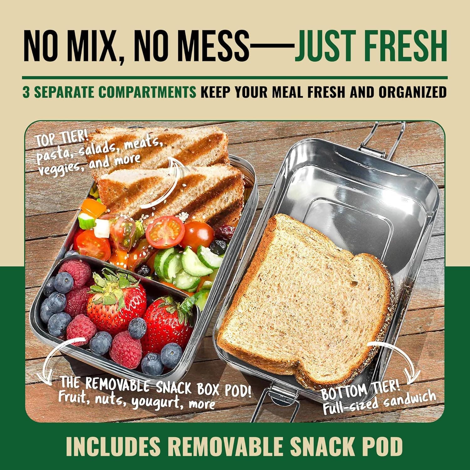 GreenLunch Bento Stainless Steel Bento Box with Snack Pod thumbnail 4