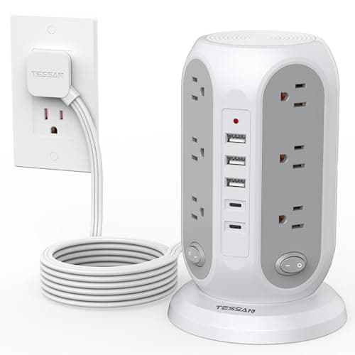 TESSAN Tower Power Strip Surge Protector, Flat Extension Cord 10 Ft, Grey - image 1
