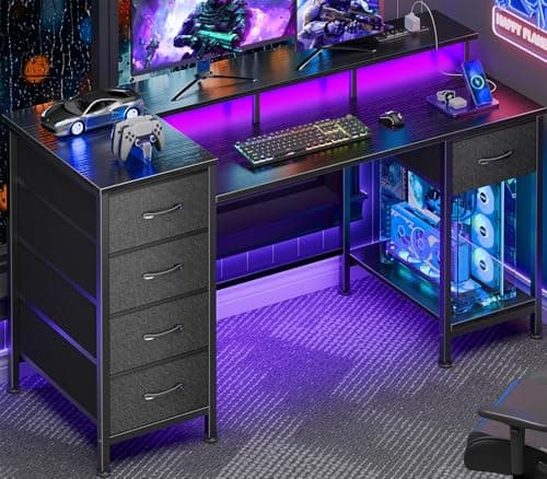 Korfile 47 Inch Gaming Desk with Power Outlets and LED Lights